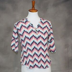 Pixley chevron print blouse. Brass buttons. S